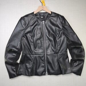 Tahari Faux Leather Jacket Medium Womens Black Peplum Zip Front Moto Vegan Biker